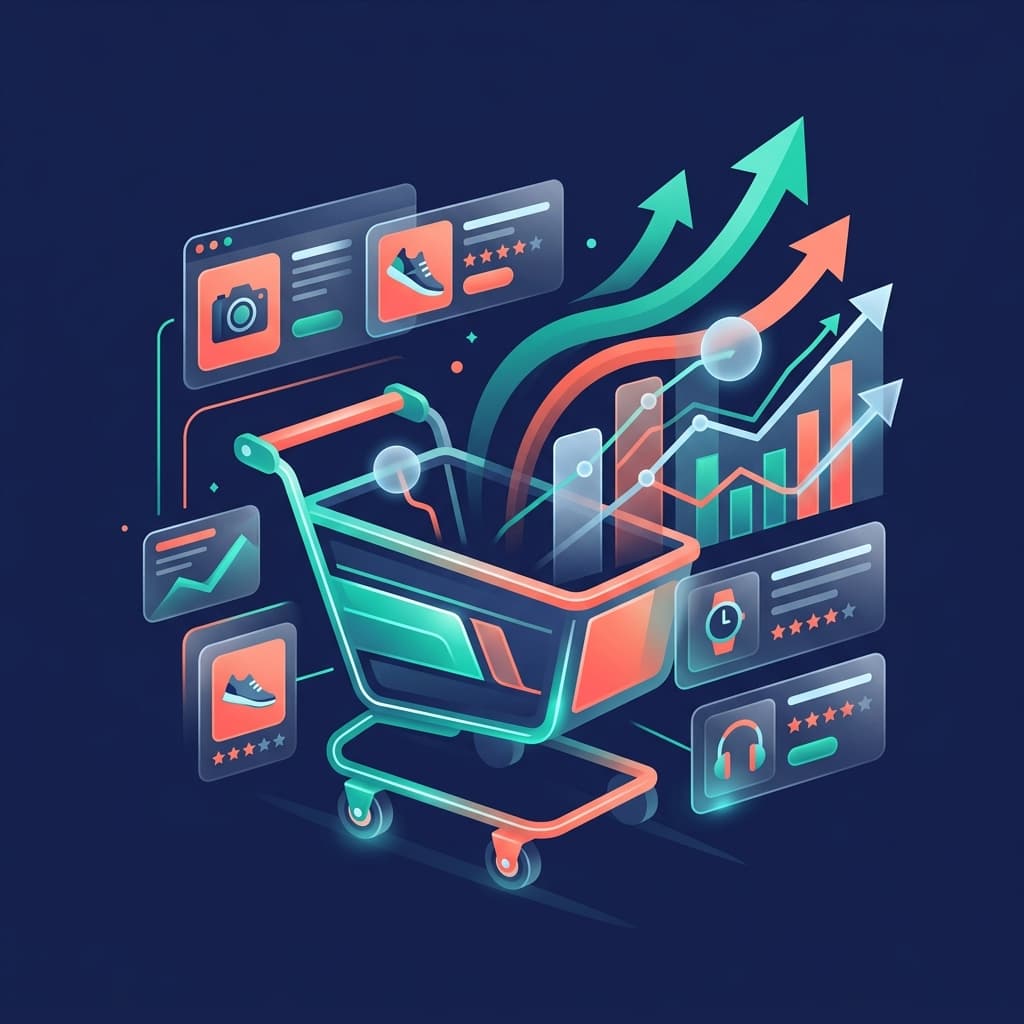 E-Commerce SEO analytics showing shopping cart with upward traffic trends