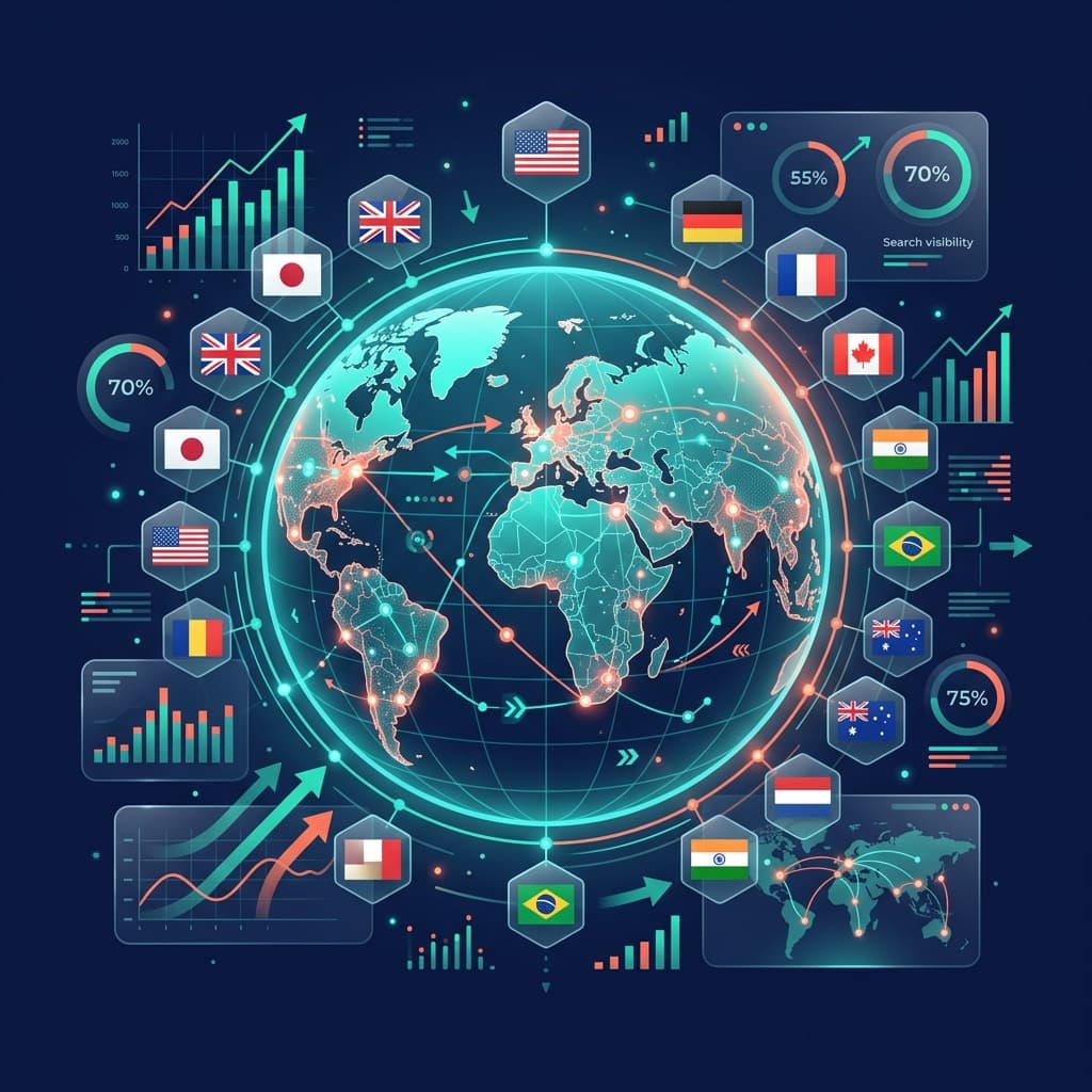Global SEO showing world map with international search metrics