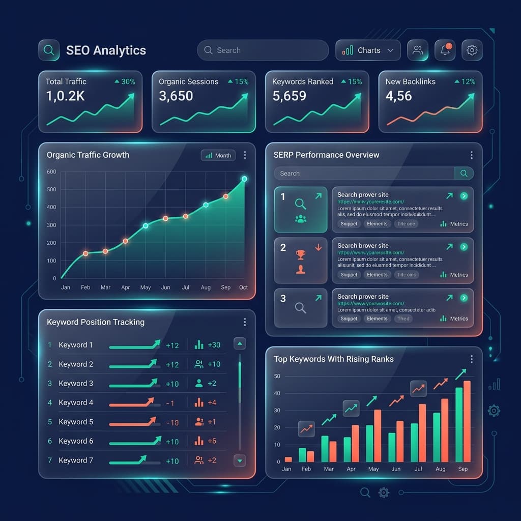 SEO Analytics Dashboard showing organic traffic growth and keyword rankings