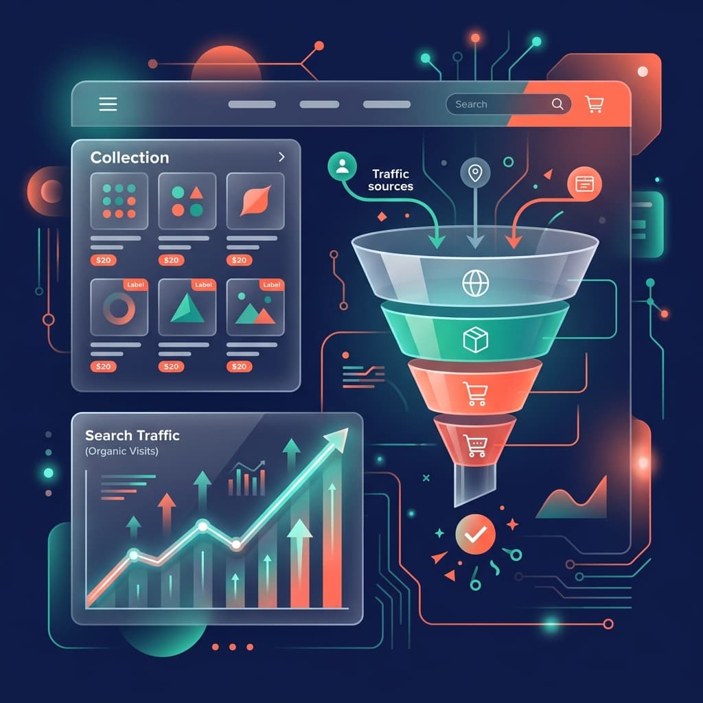 Shopify SEO showing store collections with traffic and conversion analytics